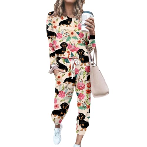 FANSU Damen Trainingsanzug Set, Hund Muster Tracksuit Damen Set (Langarm Sweatshirt + Jogginghose mit Taschen) Mode Oversized Jogginganzug 2er Set/Sportanzug von FANSU