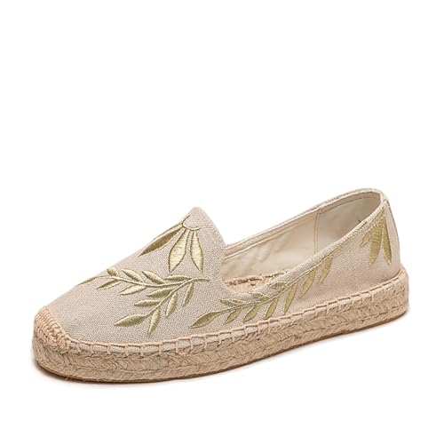 FANSU Espadrilles für Damen, Sommer Geflochten Leinen Stickerei Blumen Blätter Espadrilles Damen Casual Slip-on Canvas Schuhe, Atmungsaktiv & Bequem von FANSU