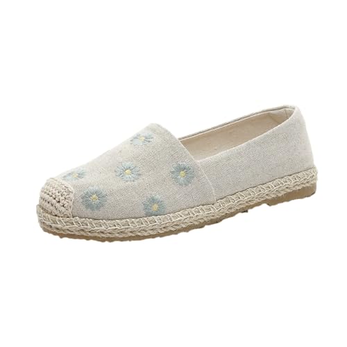 FANSU Espadrilles für Damen Flach, Stickerei Gänseblümchen Espadrilles Damen Sommer EU 35-40 Bequeme Slip On Elegant Flache Sommerschuhe Leinenschuhe mit rutschfeste Sohle (Beige,36) von FANSU