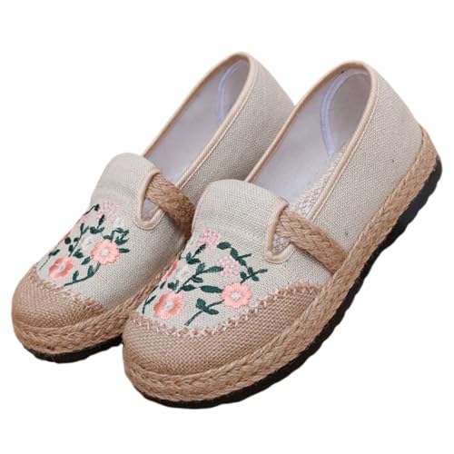 FANSU Espadrilles für Damen Flach, Stickereien Chinesisch Stil Espadrilles Damen Sommer EU 35-41 Bequeme Atmungsaktiv Slip On Elegant Flache Sommerschuhe mit rutschfeste Sohle (Beige,35) von FANSU