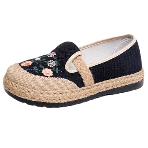 FANSU Espadrilles für Damen Flach, Stickereien Chinesisch Stil Espadrilles Damen Sommer EU 35-41 Bequeme Atmungsaktiv Slip On Elegant Flache Sommerschuhe mit rutschfeste Sohle (Schwarz,39) von FANSU