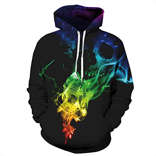 FANSU Herren Damen Kapuzenpullover 3D Hoodie,Bunt Pigment Regenbogen Druck Unisex Freizeit Creative Sweatshirt Pullover Langarm Paare Hoodies mit Tasche (L/XL,Schädel Rauchen) von FANSU