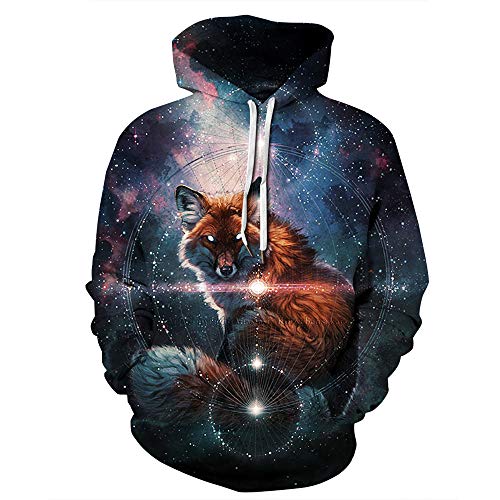 FANSU Herren Damen Kapuzenpullover 3D Hoodie,Creative Sternenhimmel Einhorn Tier Druck Unisex Freizeit Sweatshirt Pullover Langarm Paare Hoodies mit Tasche (L/XL,Kosmischer Fuchs) von FANSU