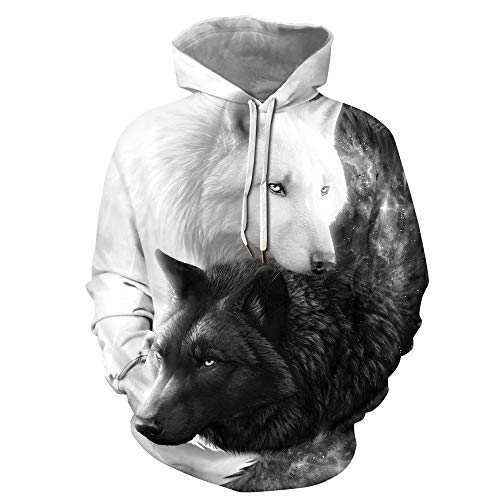 FANSU Herren Damen Mode 3D Lose Hoodie, Unisex Kapuzenpullover Moderne Tiere Drucken Pullover Sweatshirt Herbst und Winter Langarm Paare Hoodies mit Tasche (Schwarz Weiß Wolf,S) von FANSU