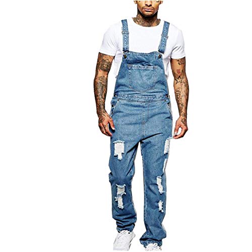 FANSU Herren Jeans Latzhose Overall, Arbeitshosen Lange Jeanshose Retro Denim Arbeitslatzhose Jumpsuit Destroyed Ripped Multifunktion Hose Arbeitskleidung (L,Hellblau) von FANSU