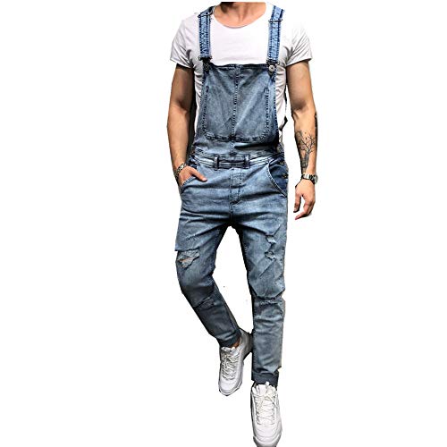 FANSU Herren Jeans Latzhose Overall, Arbeitshosen Lange Jeanshose Retro Denim Arbeitslatzhose Jumpsuit Destroyed Ripped Multifunktion Hose Arbeitskleidung (S,Hellblau) von FANSU