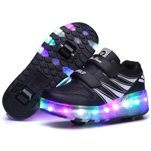 FANSU Jungen Mädchen Schuhe mit 2 Rollen Skate Größe 30-43, Kinder Rollschuhe mit LED Blinkend, mit Rollen Abnehmbar, Skateboardschuhe Einziehbar Komfort Outdoor Sportschuhe (Schwarz,37) von FANSU