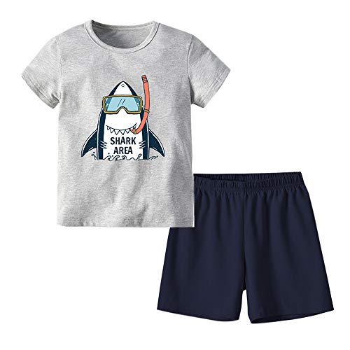 FANSU Kinder Baumwolle Short Pajama Set, Sommer Kurz Kinder Snug-Fit Zweiteiliger Schlafanzug Bekleidungsset Jungen Mädchen Nachtwäsche 7-10Jahre (140cm,Grauer Hai) von FANSU