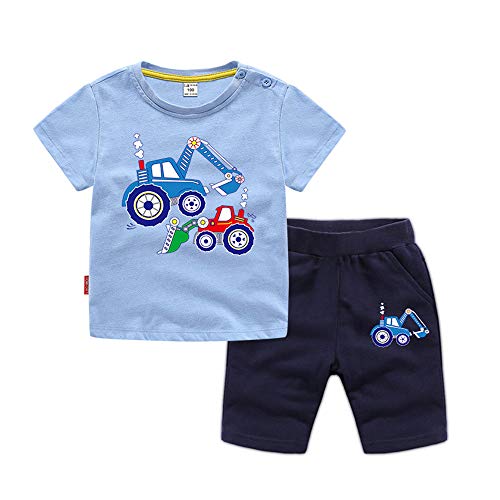 FANSU Kinder Baumwolle Short Pajama Set, Sommer Kurz Kinder Snug-Fit Zweiteiliger Schlafanzug Jahre Baby Bekleidungsset Kleinkind Jungen Mädchen Nachtwäsche (110cm,Hellblauer Bagger) von FANSU