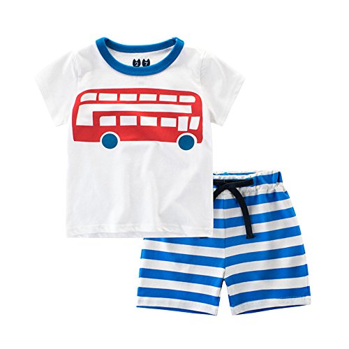 FANSU Kinder Baumwolle Short Pajama Set, Sommer Kurz Kinder Snug-Fit Zweiteiliger Schlafanzug Jahre Baby Bekleidungsset Kleinkind Jungen Mädchen Nachtwäsche (130cm,Blauer Bus) von FANSU