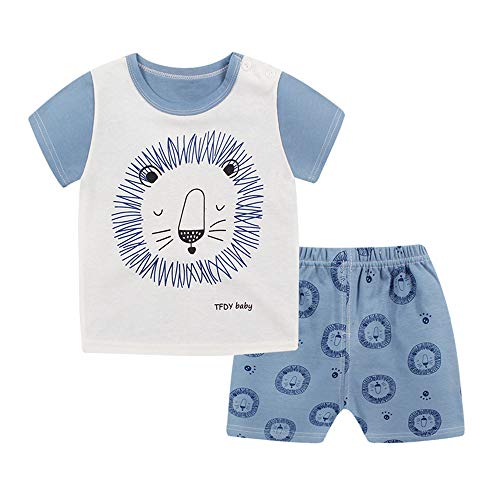 FANSU Kinder Baumwolle Short Pajama Set, Sommer Kurz Kinder Snug-Fit Zweiteiliger Schlafanzug Jahre Baby Bekleidungsset Kleinkind Jungen Mädchen Nachtwäsche (80cm,Blauer Löwe) von FANSU