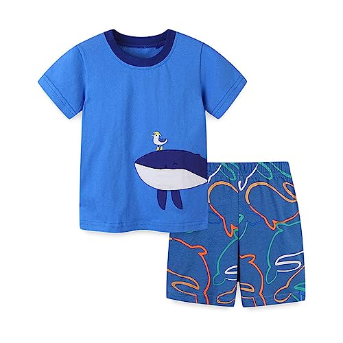 FANSU Kinder Pyjamas Set Jungen Mode-Cartoon Kurzarm Shorts Schlafanzug Zweiteiliger Sommer aus Baumwolle Kurz Kinder Schlafanzüge Bequem Baby Nachtwäsche Set (Wal,140cm) von FANSU