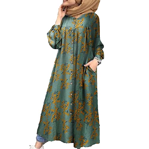 FANSU Muslimisches Kleid für Damen Islamisches Kleid Tunika Kleid Hemdkleid Baumwolle Gedruckt Langes Maxikleid Vollflächig Langärmlig Kaftan Dubai Naher Osten Robe Kleid von FANSU
