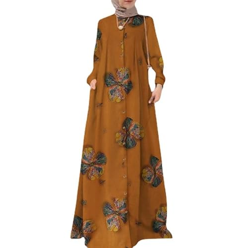 Muslimisches Kleid für Damen Islamisches Kleid Tunika Kleid Hemdkleid mit Retro Print Langes Maxikleid Vollflächig Langärmlig Dubai Naher Osten Robe Kleid von FANSU