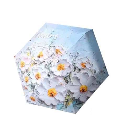 FANSU Regenschirm Faltbar Sturmfest, Regenschirm Faltbar Leicht Kompakter Reise 6 Rippen Taschenschirm Sonnenleicht für Herren Damen und Kinder (Weiße Blumen) von FANSU