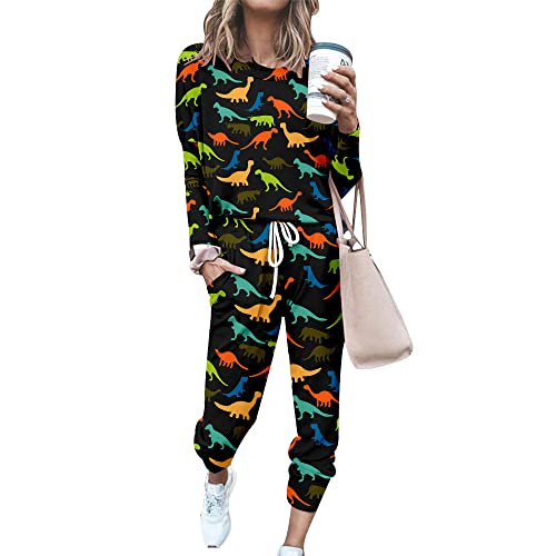 FANSU Sweatshirt Set Damen, 3D Dinosaurier Jogginganzug Oversized Mädchen Sweatshirt Ohne Kapuze Mode Sportanzug Trainingsanzug 2 Teilig Langarm Top + Lange Hose mit Taschen von FANSU