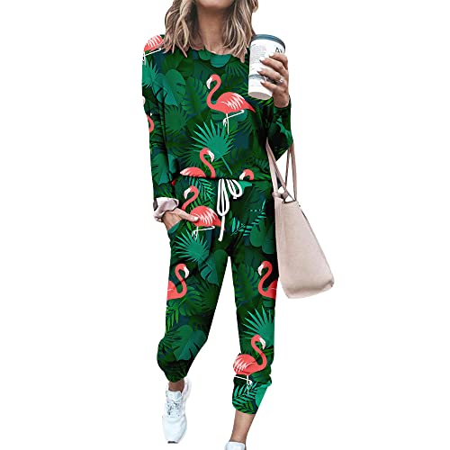 FANSU Sweatshirt Set Damen, 3D Flamingo Drucken Jogginganzug Oversized Mädchen Sweatshirt Ohne Kapuze Mode Sportanzug Trainingsanzug 2 Teilig Langarm Top + Lange Hose mit Taschen von FANSU
