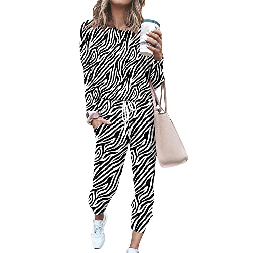 FANSU Sweatshirt Set Damen, 3D Zebra Drucken Jogginganzug Oversized Mädchen Sweatshirt Ohne Kapuze Mode Sportanzug Trainingsanzug 2 Teilig Langarm Top + Lange Hose mit Taschen von FANSU