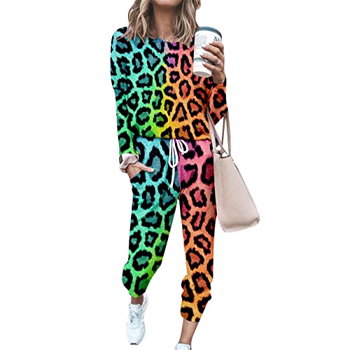 FANSU Sweatshirt Set Damen, Leopard Muster Drucken Jogginganzug Oversized Sweatshirt Ohne Kapuze Mode Sportanzug Trainingsanzug 2 Teilig Langarm Top + Lange Hose mit Taschen von FANSU