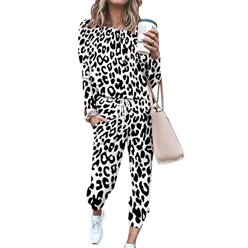 FANSU Sweatshirt Set Damen, Leopard Muster Drucken Jogginganzug Oversized Sweatshirt Ohne Kapuze Mode Sportanzug Trainingsanzug 2 Teilig Langarm Top + Lange Hose mit Taschen von FANSU