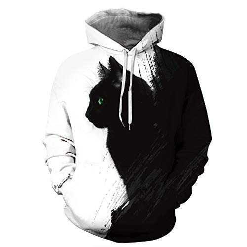 FANSU Unisex 3D Druck Hoodie Herren Damen Kapuzenpullover, Moderne Schwarzweiss-Katze Pullover Sweatshirt Mit Tasche Mode Langarm Paare Hoodies Herbst und Winter (3XL,Katzenschwarz) von FANSU