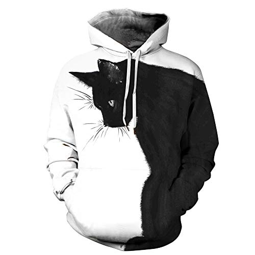 FANSU Unisex 3D Druck Hoodie Herren Damen Kapuzenpullover, Moderne Schwarzweiss-Katze Pullover Sweatshirt Mit Tasche Mode Langarm Paare Hoodies Herbst und Winter (M,Schüchterne Katze) von FANSU