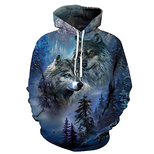 FANSU Unisex Mode 3D Druck Hoodie Herren Damen Kapuzenpullover, Creative Tier Pullover Sweatshirt Herbst und Winter Langarm Paare Hoodies Mit Tasche (2XL,Wald Wolf) von FANSU
