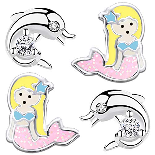 2 Paar Kinder Ohrringe Echt 925 Sterling Silber mit Zirkonia kleine Mädchen Ohrstecker (Delfin K619 + Glitzer Meerjungfrau K214) von FANTASTIC NAILS COSMETIC COLLECTIONS
