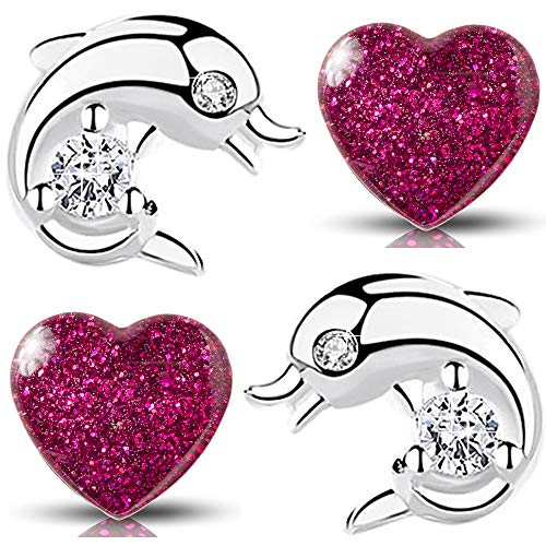 Set Kinder Mädchen Ohrringe aus echt 925 Sterling Silber mit Zirkonia Edelstahl Pink Glitzer Ohrstecker Schmuck (Delfin Herz K619+K285) von FANTASTIC NAILS COSMETIC COLLECTIONS