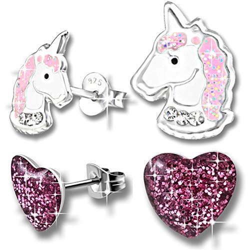 2 Paar Mädchen Ohrringe echt 925 Sterling Silber mit Zirkonia Edelstahl Kinder Ohrstecker Einhorn Pferde Herz (K207+K160) von FANTASTIC NAILS COSMETIC COLLECTIONS