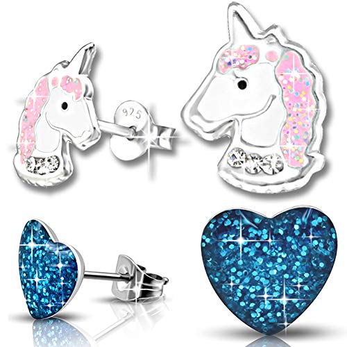 2 Paar Mädchen Ohrringe echt 925 Sterling Silber mit Zirkonia Edelstahl Kinder Ohrstecker Einhorn Pferde Herz (K207+K186) von FANTASTIC NAILS COSMETIC COLLECTIONS