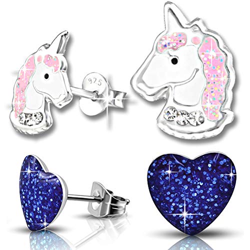 2 Paar Mädchen Ohrringe echt 925 Sterling Silber mit Zirkonia Edelstahl Kinder Ohrstecker Einhorn Pferde Herz (K207+K249) von FANTASTIC NAILS COSMETIC COLLECTIONS