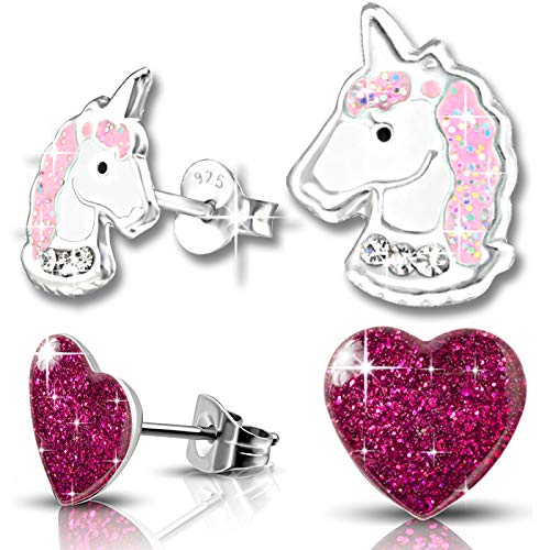 2 Paar Mädchen Ohrringe echt 925 Sterling Silber mit Zirkonia Edelstahl Kinder Ohrstecker Einhorn Pferde Herz (K207+K285) von FANTASTIC NAILS COSMETIC COLLECTIONS