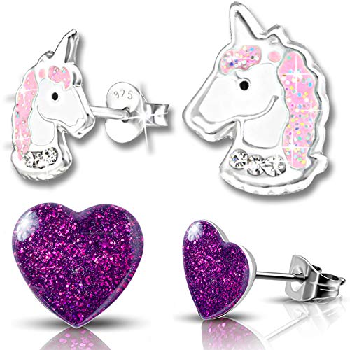 2 Paar Mädchen Ohrringe echt 925 Sterling Silber mit Zirkonia Edelstahl Kinder Ohrstecker Einhorn Pferde Herz (K207+K296) von FANTASTIC NAILS COSMETIC COLLECTIONS