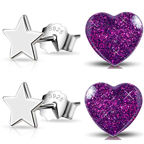 2er Set Mädchen Damen Ohrringe aus echt 925 Sterling-Silber kleine Sterne Herz Edelstahl Schmuck für Kinder (K958+K296 / lila Glitzer) von FANTASTIC NAILS COSMETIC COLLECTIONS