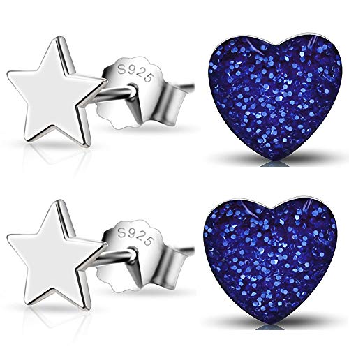 2er Set Mädchen Damen Ohrringe aus echt 925 Sterling-Silber kleine Sterne Herz Edelstahl für Kinder Frauen Ohrstecker (K958+K249 / blau Glitzer) von FANTASTIC NAILS COSMETIC COLLECTIONS