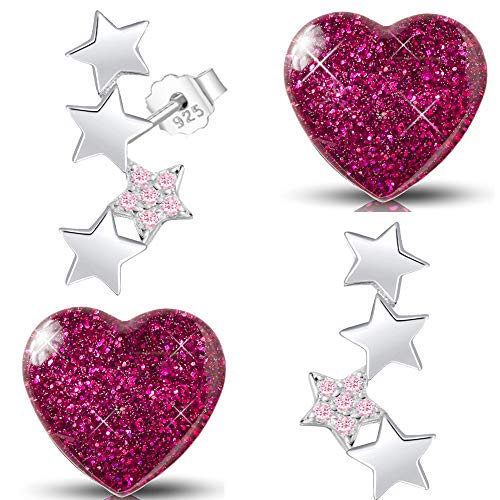 2er Set Mädchen Ohrringe aus echt 925 Sterling-Silber Sterne Herz Edelstahl Kinder Ohrstecker (K960+K285/ rosa pink Kristall Glitzer) von FANTASTIC NAILS COSMETIC COLLECTIONS