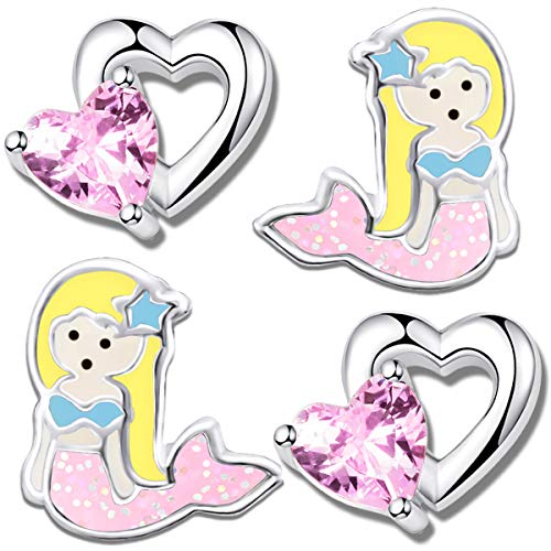 2x Kinder Mädchen Ohrstecker echt 925 Sterling Silber Meerjungfrau Herz kleine Ohrringe rosa Glitzer K710+K214o von FANTASTIC NAILS COSMETIC COLLECTIONS