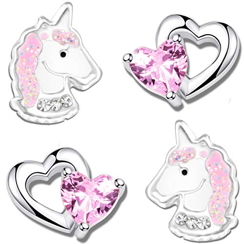 2x Kinder Mädchen Ohrstecker echt 925 Sterling Silber Pferde Einhorn kleine rosa Ohrringe Glitzer Herz K207o+K710 von FANTASTIC NAILS COSMETIC COLLECTIONS