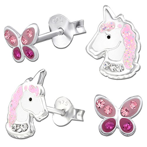 Set Kinder Mädchen Ohrstecker 925 Sterling Silber Ohrringe Glitzer Pferde Einhorn Schmetterling K207+K320 von FANTASTIC NAILS COSMETIC COLLECTIONS