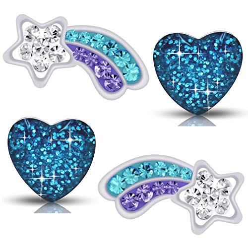 2x Mädchen Kinder Ohrringe aus echt 925 Sterling Silber mit Rundschliff Zirkonia Kristall Kinder Stern-Schnuppe Edelstahl Herz (K952+K186 Kristall Glitzer) von FANTASTIC NAILS COSMETIC COLLECTIONS
