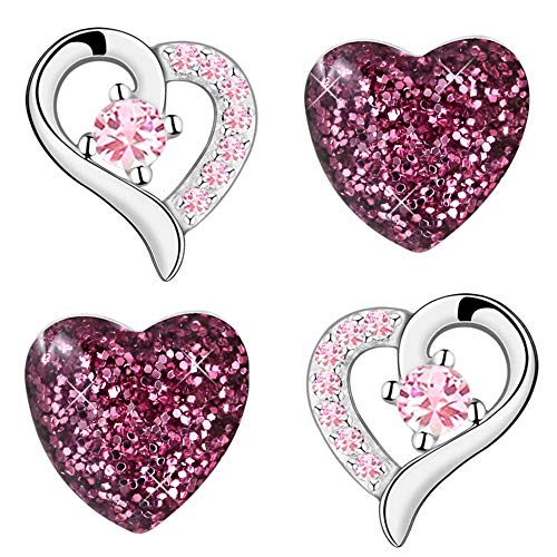 2x Mädchen Ohrringe Set aus echt 925 Sterling-Silber mit Zirkonia kleine rosa Herz Edelstahl Kinder Ohrstecker (K963+K160/ Glitzer Kristall) von FANTASTIC NAILS COSMETIC COLLECTIONS