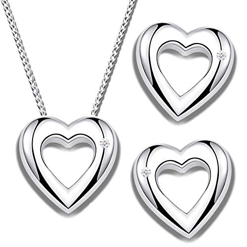 Damen Halskette mit Herz 925 Sterling Silber Schmuckset Herzkette Ohrringe Herzanhänger echter Diamant Ohrstecker Gravur Frauen (K967+K968+V14, 50) von FANTASTIC NAILS COSMETIC COLLECTIONS