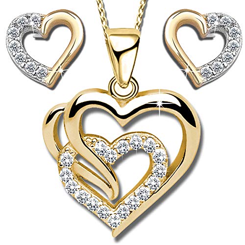 Herzkette aus 925 echt Sterling Silber Damen-Kette mit Herz-Anhänger Ohrringe für Frauen Liebe Geschenk Idee Schmuck-Set (Gold K614+K601+V11, 50) von FANTASTIC NAILS COSMETIC COLLECTIONS