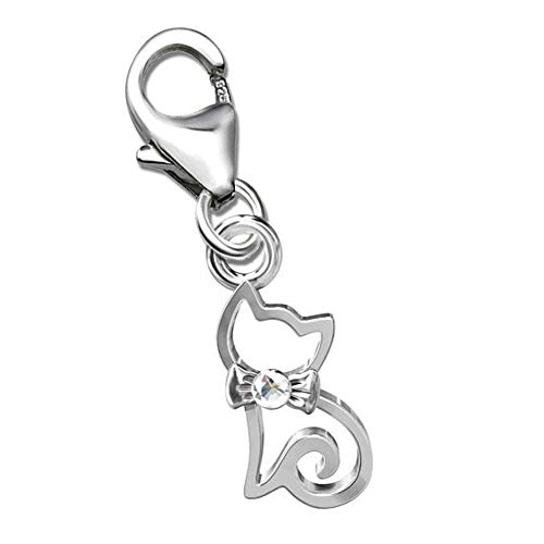 Damen Katzen Charm Anhänger für Bettelarmband echt 925 Sterling Silber mit Stein von SWAROVSKI® Karabiner A71o von FANTASTIC NAILS COSMETIC COLLECTIONS