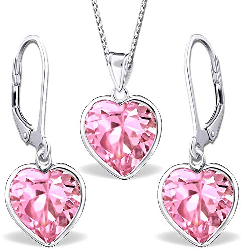 FANTASTIC NAILS COSMETIC COLLECTIONS Damen Mädchen Set Halskette mit Anhänger Ohrhänger 925 Sterling Silber mit Zirkonia Herz hängende Ohrringe Geschenk Idee Freundin Rosa K472+K473 40cm von FANTASTIC NAILS COSMETIC COLLECTIONS