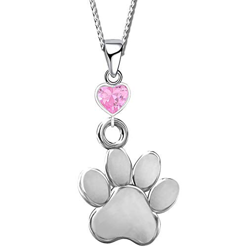 FANTASTIC NAILS COSMETIC COLLECTIONS Kinder Kette mit Anhänger echt 925 Sterling Silber mit Zirkonia Damen Frauen Mädchen Halskette Pfötchen Pfote rosa Herz K558o + 42cm von FANTASTIC NAILS COSMETIC COLLECTIONS