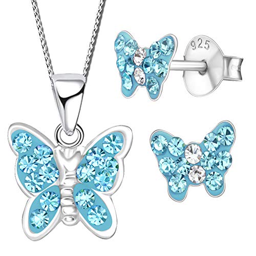 FANTASTIC NAILS COSMETIC COLLECTIONS Kinder Mädchen Schmuckset 925 Sterling Silber Ohrringe mit Hals-Kette türkis blau Schmetterling (K107+K660 40+5cm) von FANTASTIC NAILS COSMETIC COLLECTIONS