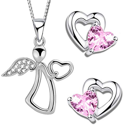 FANTASTIC NAILS COSMETIC COLLECTIONS Mädchen Schutz-Engel Herz Schmuckset aus 925 Sterling Silber mit Zirkonia Kristall Hals-Kette Ohrringe (K624+K710+42cm) von FANTASTIC NAILS COSMETIC COLLECTIONS