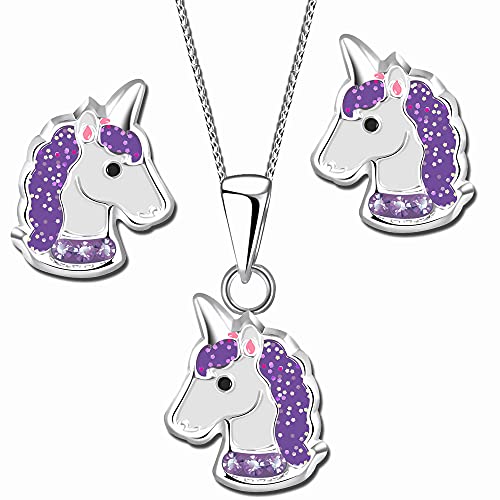 Kinder Mädchen Hals-Kette mit Ohrringe Set 925 Sterling Silber Einhorn Pferde Anhänger Ohrstecker (K757+P12 40+5cm) von FANTASTIC NAILS COSMETIC COLLECTIONS
